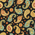 boho paisley, floral motifs, black background, teal blue, golden yellow, orange accents, red details, cream colors, intricate patterns, decorative swirls, botanical elements, ethnic design, vintage style,, fabric panel, bohemian aesthetic, ornate details, scattered flowers, paisley teardrops, artistic flourishes