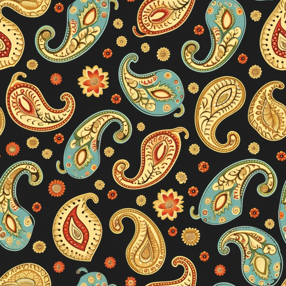 boho paisley, floral motifs, black background, teal blue, golden yellow, orange accents, red details, cream colors, intricate patterns, decorative swirls, botanical elements, ethnic design, vintage style,, fabric panel, bohemian aesthetic, ornate details, scattered flowers, paisley teardrops, artistic flourishes