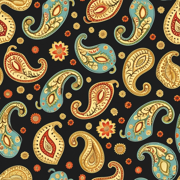 boho paisley, floral motifs, black background, teal blue, golden yellow, orange accents, red details, cream colors, intricate patterns, decorative swirls, botanical elements, ethnic design, vintage style,, fabric panel, bohemian aesthetic, ornate details, scattered flowers, paisley teardrops, artistic flourishes
