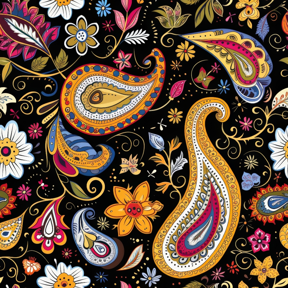 black background, paisley pattern, boho style, floral motifs, orange paisley, colorful flowers, swirls, decorative elements, pink flowers, blue accents, white daisies, yellow blooms, intricate details, bohemian design,, fabric panel, ornate patterns, vibrant colors, decorative swirls, artistic flourishes