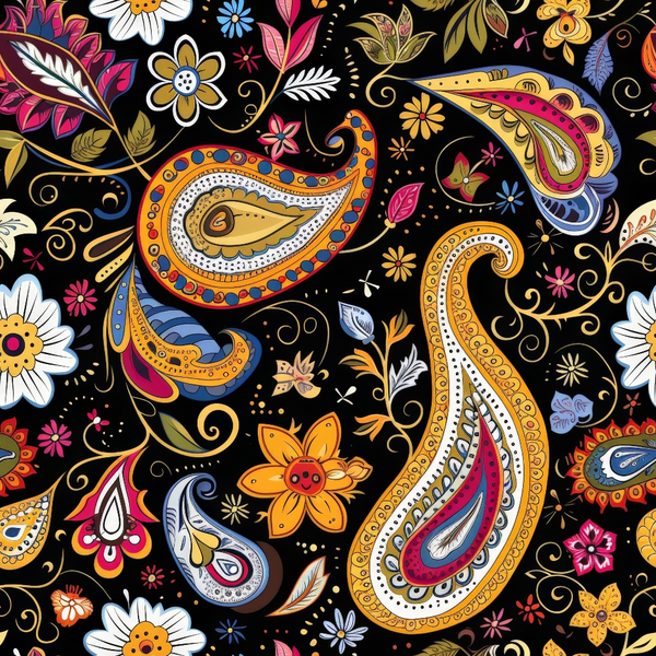 black background, paisley pattern, boho style, floral motifs, orange paisley, colorful flowers, swirls, decorative elements, pink flowers, blue accents, white daisies, yellow blooms, intricate details, bohemian design,, fabric panel, ornate patterns, vibrant colors, decorative swirls, artistic flourishes