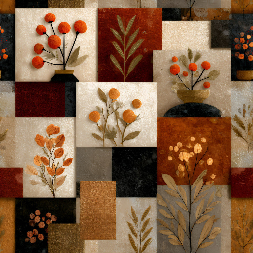 boho floral, patchwork squares, autumn colors, orange berries, rust red, cream beige, charcoal black, botanical motifs, pressed flowers, dried leaves,, fabric panel, geometric blocks, earth tones, fall foliage, textured background, mixed media style, organic shapes, natural elements, warm palette