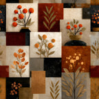 boho floral, patchwork squares, autumn colors, orange berries, rust red, cream beige, charcoal black, botanical motifs, pressed flowers, dried leaves,, fabric panel, geometric blocks, earth tones, fall foliage, textured background, mixed media style, organic shapes, natural elements, warm palette