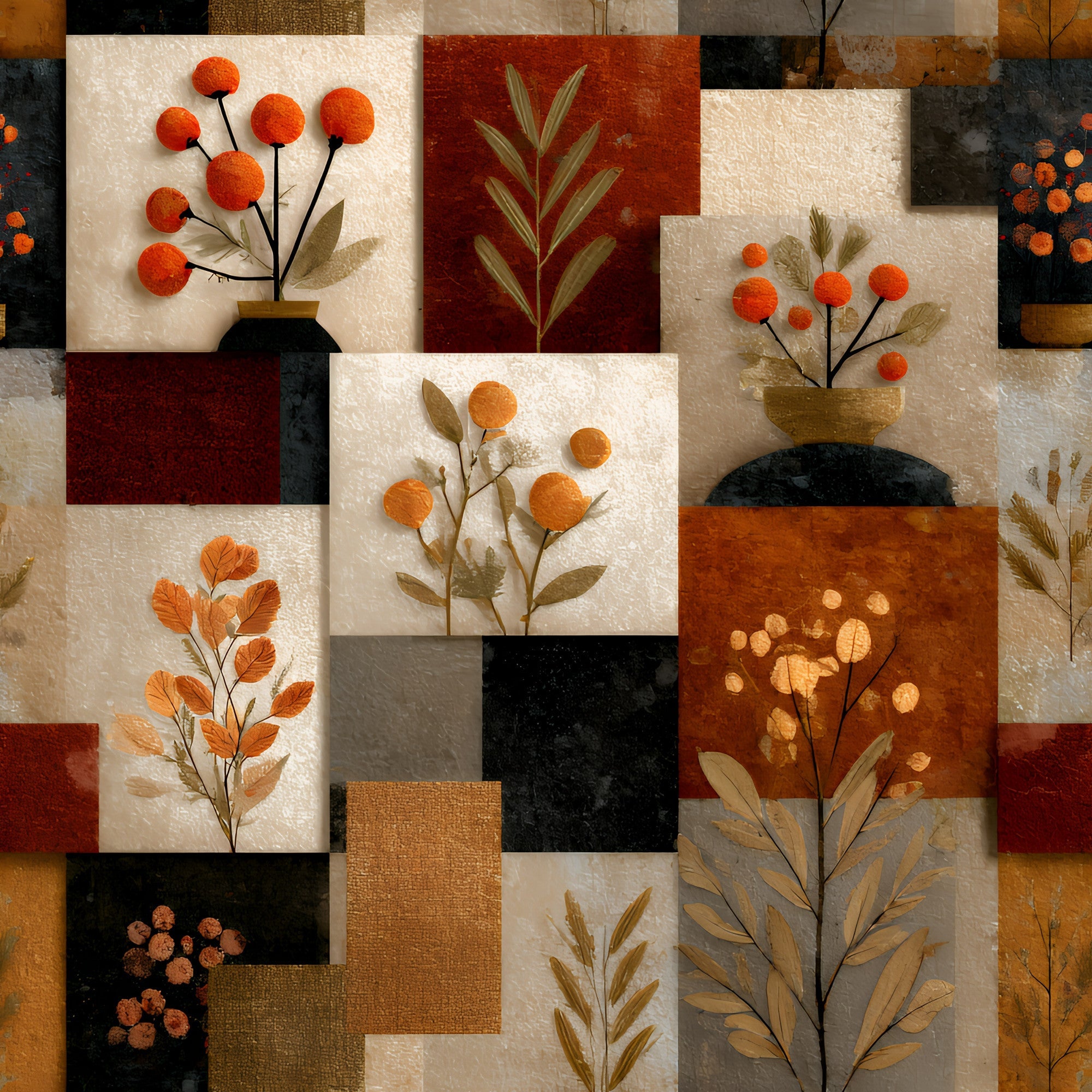boho floral, patchwork squares, autumn colors, orange berries, rust red, cream beige, charcoal black, botanical motifs, pressed flowers, dried leaves,, fabric panel, geometric blocks, earth tones, fall foliage, textured background, mixed media style, organic shapes, natural elements, warm palette
