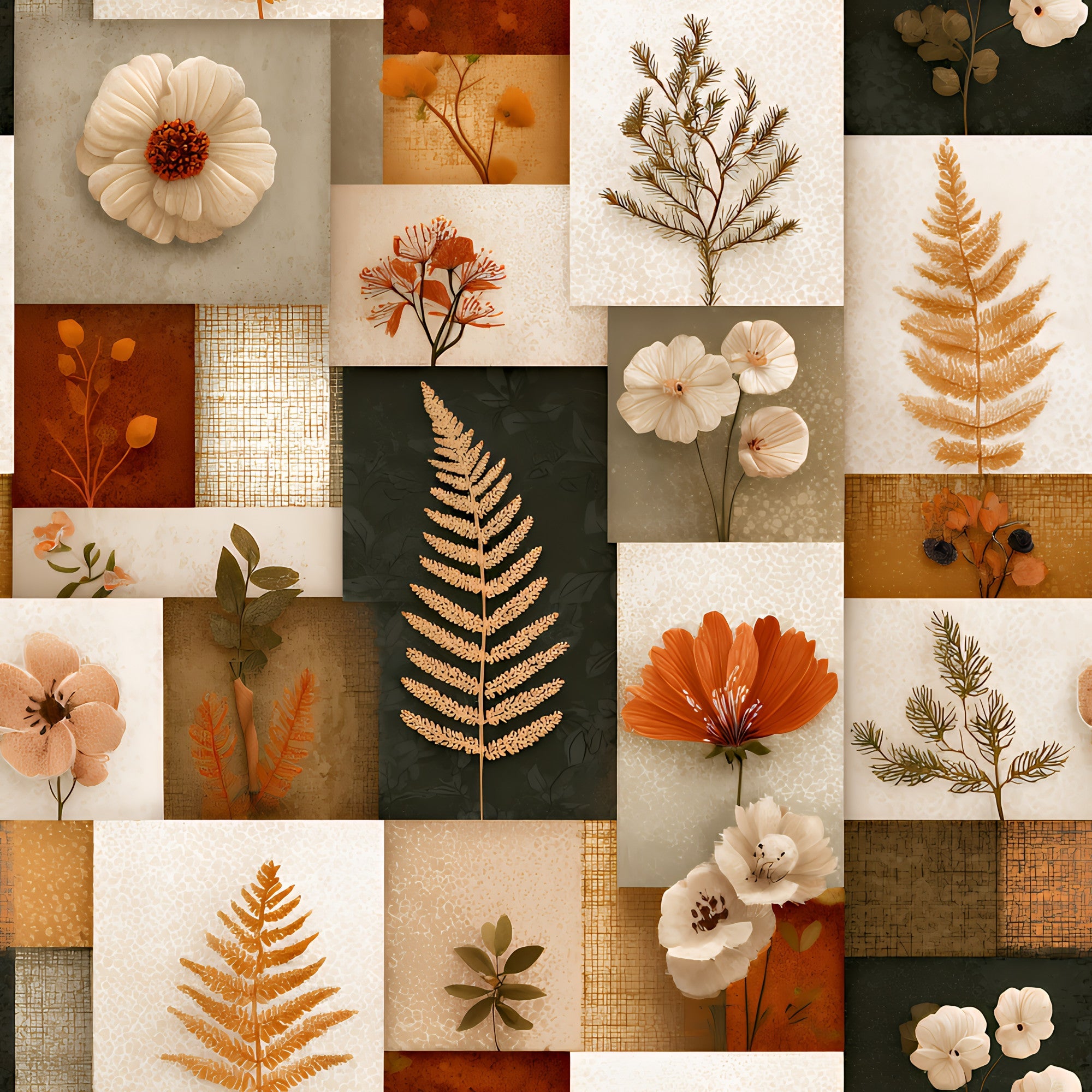 boho floral, patchwork squares, autumn colors, burnt orange, sage green, cream, beige, botanical prints, fern leaves, wildflowers, pressed flowers, nature motifs, earthy tones,, fabric panel, vintage style, rustic charm, geometric blocks, dried botanicals, warm palette
