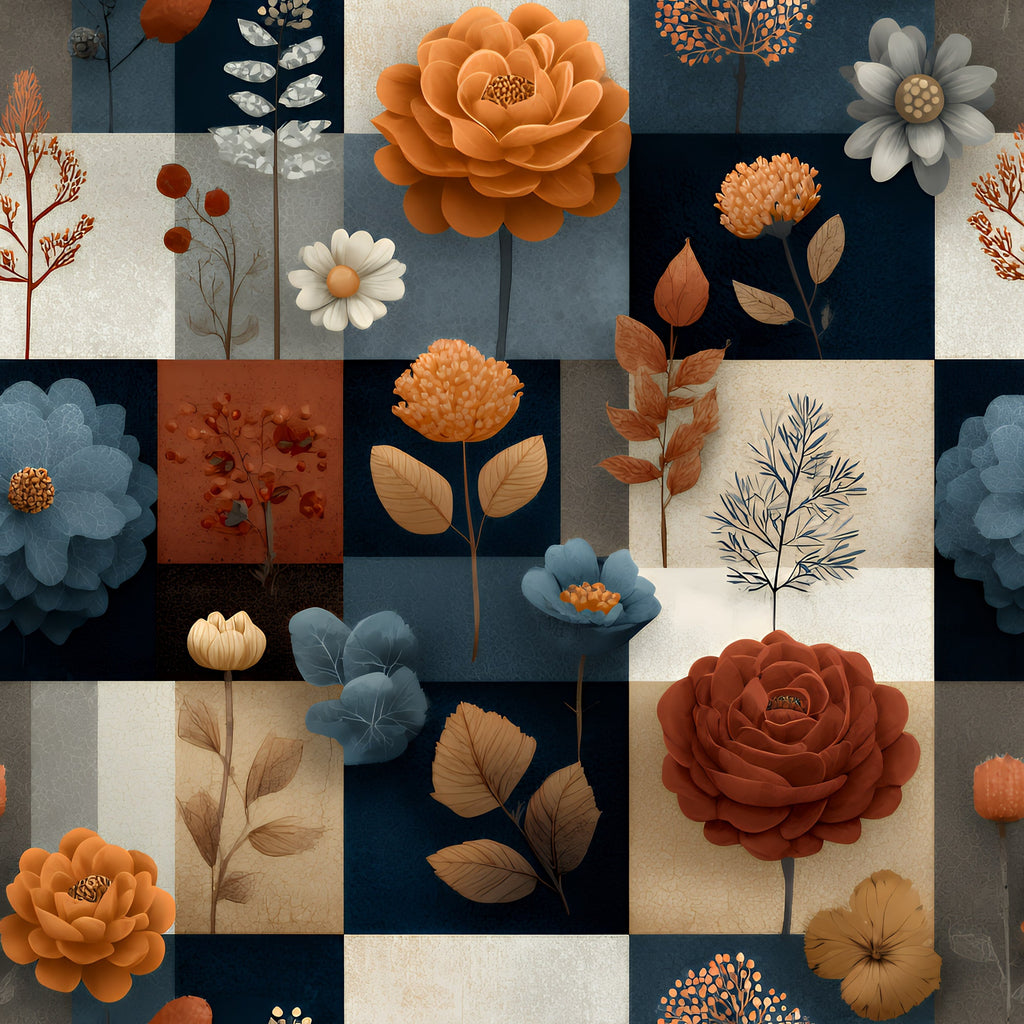 boho floral, patchwork squares,, fabric panel, orange flowers, blue backgrounds, cream panels, rust colored, botanical motifs, layered petals, leaves and stems, geometric blocks, muted earth tones, navy blue, burnt orange, floral arrangement, modern quilting, cotton fabric, decorative florals, mixed media style