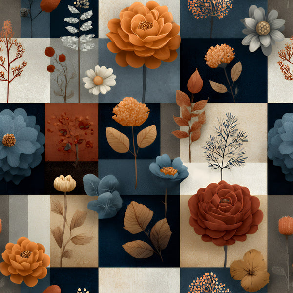 boho floral, patchwork squares,, fabric panel, orange flowers, blue backgrounds, cream panels, rust colored, botanical motifs, layered petals, leaves and stems, geometric blocks, muted earth tones, navy blue, burnt orange, floral arrangement, modern quilting, cotton fabric, decorative florals, mixed media style