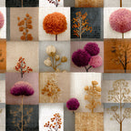 boho floral, patchwork squares,, fabric panel, orange flowers, pink blooms, purple chrysanthemums, botanical motifs, autumn branches, dried flowers, neutral backgrounds, beige tones, gray patches, textured blocks, nature inspired, floral silhouettes, warm earth tones, crafting fabric, sewing material, mixed media design