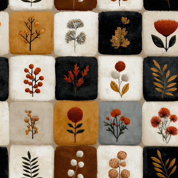 boho floral, patchwork squares,, botanical motifs, pressed flowers, autumn colors, orange, rust, cream, black, gray, dried flowers, leaves, berries, seed pods, nature inspired, earthy tones, vintage botanical, fabric panel, geometric squares