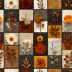 autumn flowers, patchwork squares, botanical prints, pressed flowers, orange blooms, rust colored, cream background, charcoal gray, golden yellow, floral motifs, nature inspired, vintage aesthetic,, fabric panel, dried botanicals, fall foliage, earthy tones, boho style, geometric grid, seasonal florals