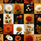 orange, rust, mustard yellow, cream, black, white, floral motifs, patchwork squares, geometric blocks, dandelions, cosmos flowers, seed pods, botanical illustration, autumn blooms, folk art style,, fabric panel, boho aesthetic, nature inspired, warm earth tones