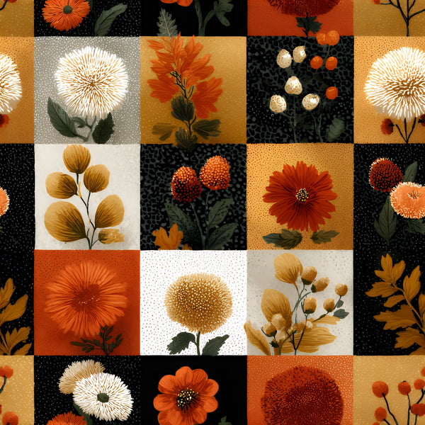 orange, rust, mustard yellow, cream, black, white, floral motifs, patchwork squares, geometric blocks, dandelions, cosmos flowers, seed pods, botanical illustration, autumn blooms, folk art style,, fabric panel, boho aesthetic, nature inspired, warm earth tones