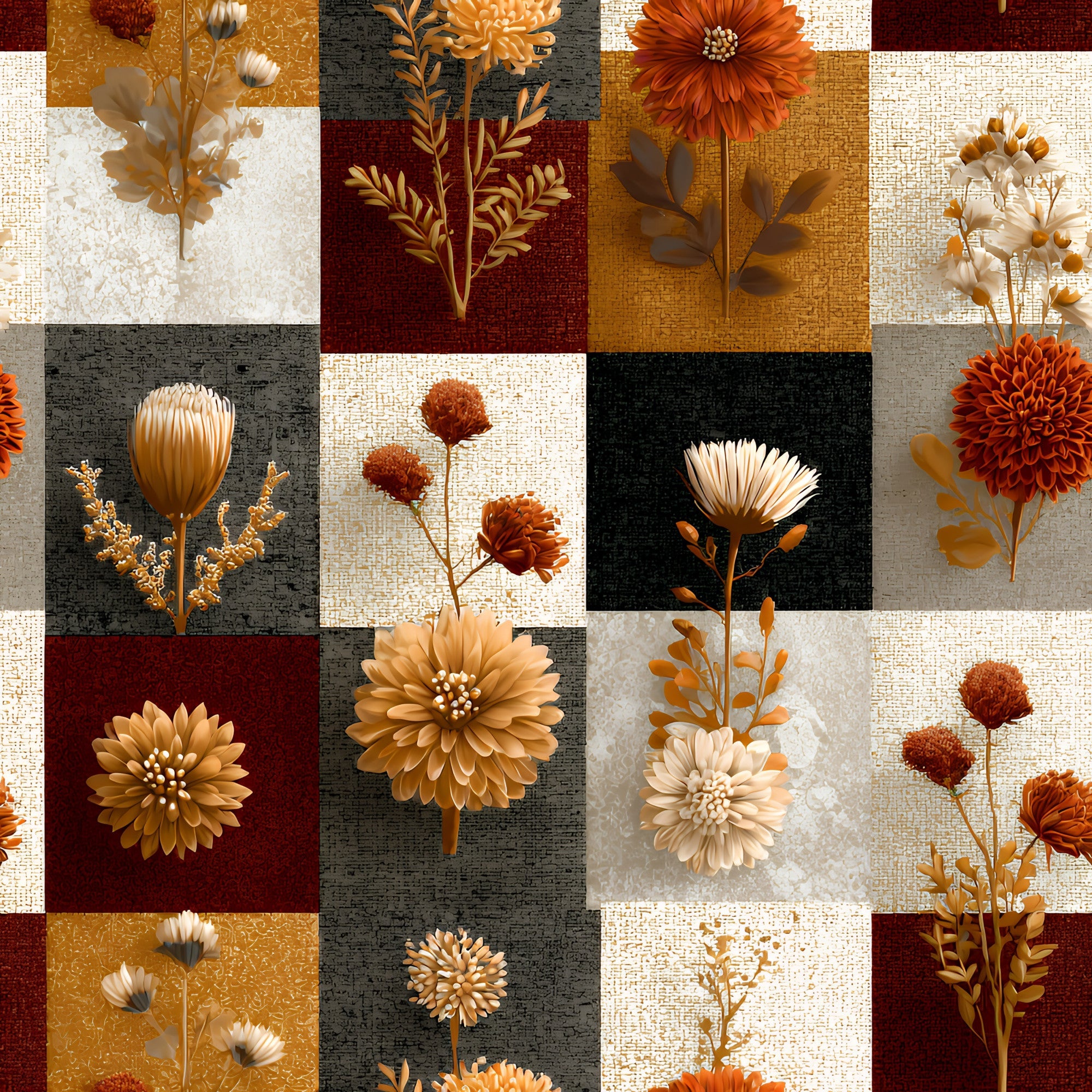 boho floral, patchwork squares,, autumn flowers, rust orange, golden yellow, cream beige, burgundy red, charcoal gray, botanical motifs, dahlia blooms, wildflowers, leafy stems, fall foliage, earth tones, bohemian style, nature inspired, warm palette, fabric panel, cottagecore aesthetic