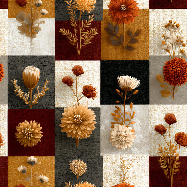 boho floral, patchwork squares,, autumn flowers, rust orange, golden yellow, cream beige, burgundy red, charcoal gray, botanical motifs, dahlia blooms, wildflowers, leafy stems, fall foliage, earth tones, bohemian style, nature inspired, warm palette, fabric panel, cottagecore aesthetic