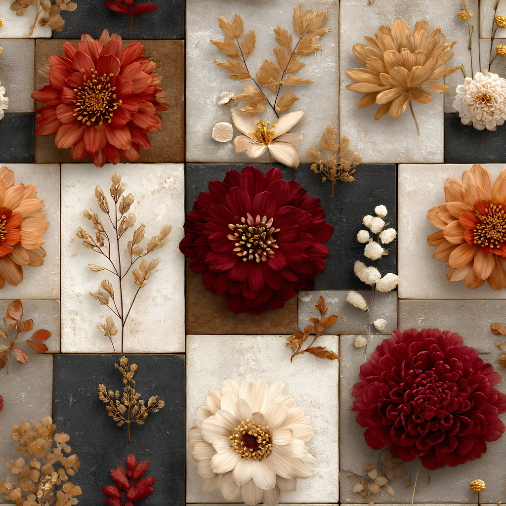 boho floral, patchwork squares,, fabric panel, autumn flowers, burgundy blooms, cream petals, golden yellow, rust orange, dried botanicals, dahlia flowers, geometric blocks, earthy tones, pressed flowers, botanical motif, fall colors, floral arrangement, warm palette, nature inspired, vintage style