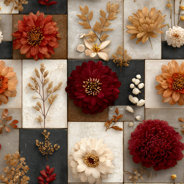 boho floral, patchwork squares,, fabric panel, autumn flowers, burgundy blooms, cream petals, golden yellow, rust orange, dried botanicals, dahlia flowers, geometric blocks, earthy tones, pressed flowers, botanical motif, fall colors, floral arrangement, warm palette, nature inspired, vintage style
