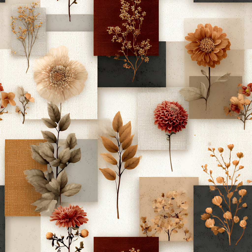 autumn flowers, botanical elements, patchwork blocks, earth tones, rust orange, sage green, cream beige, dried flowers, pressed botanicals, geometric squares, vintage florals,, fabric panel, boho style, natural textures, fall foliage, dahlia blooms, delicate branches, muted palette, artistic collage