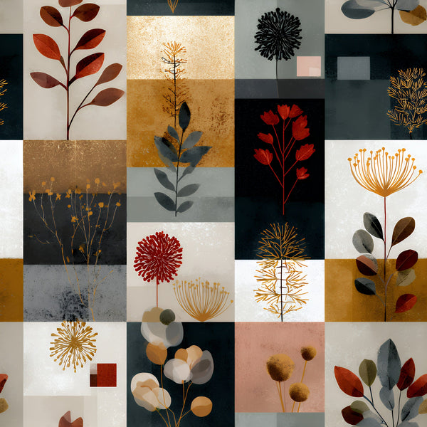 boho floral, patchwork pattern,, fabric panel, botanical motifs, autumn leaves, abstract flowers, earthy tones, rust orange, deep teal, warm brown, sage green, geometric blocks, modern botanical, stylized plants, contemporary floral, nature inspired, artistic squares, textured backgrounds, fall colors