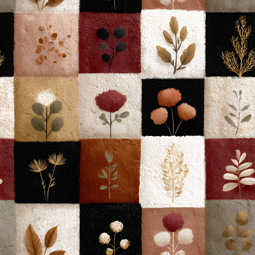 cream, burgundy, black, terracotta, botanical, pressed flowers, leaves, berries, patchwork squares,, fabric panel, autumn colors, dried botanicals, nature motifs, silhouettes, earth tones, floral specimens, boho style, rustic texture, botanical collection
