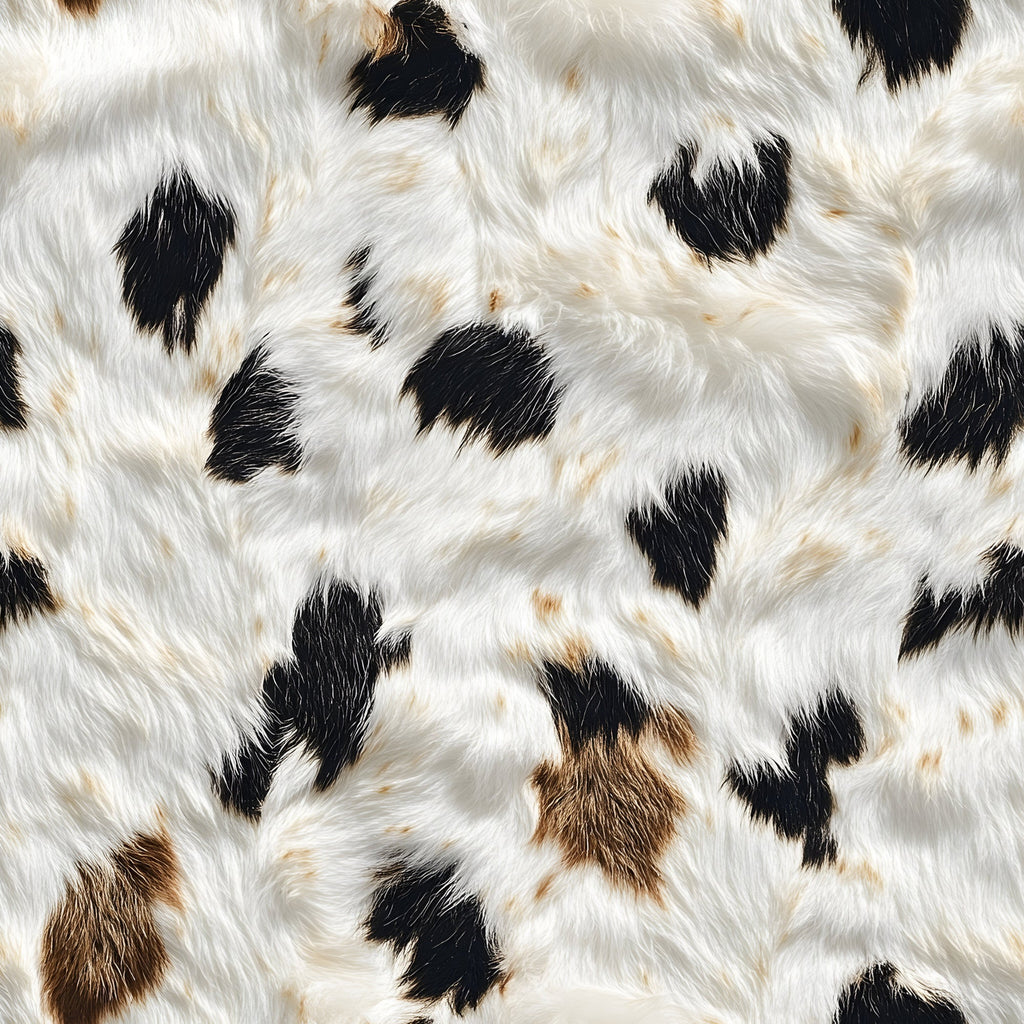 cow print, animal pattern, black spots, white fur, brown patches, cowhide texture, farm animal, barnyard theme, spotted pattern,, fabric panel, rustic design, country style, natural colors, cream white, charcoal black, tan brown, realistic fur, agricultural theme