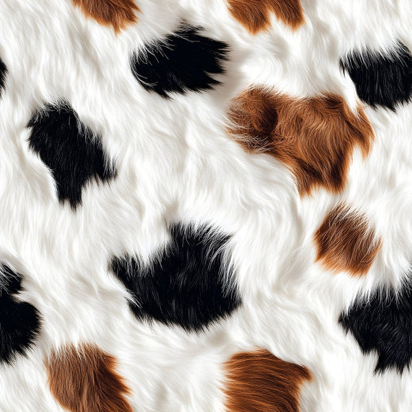 white fur, brown patches, black spots, cow hide pattern, animal print, realistic texture, farm animal, spotted pattern,, fabric panel, rustic style, country theme, natural colors, cowhide design, livestock motif, western style, pastoral theme, irregular spots, fur texture, barnyard animal