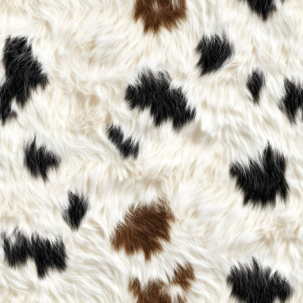 white fur, black spots, brown patches, cow hide pattern, animal print, realistic texture, cowhide design,, fabric panel, farm animal, livestock pattern, irregular spots, natural markings, bovine print, cream background, rustic style, western theme, ranch aesthetic, organic shapes, fur texture