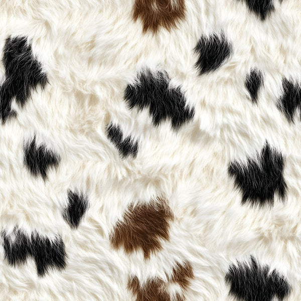 white fur, black spots, brown patches, cow hide pattern, animal print, realistic texture, cowhide design,, fabric panel, farm animal, livestock pattern, irregular spots, natural markings, bovine print, cream background, rustic style, western theme, ranch aesthetic, organic shapes, fur texture