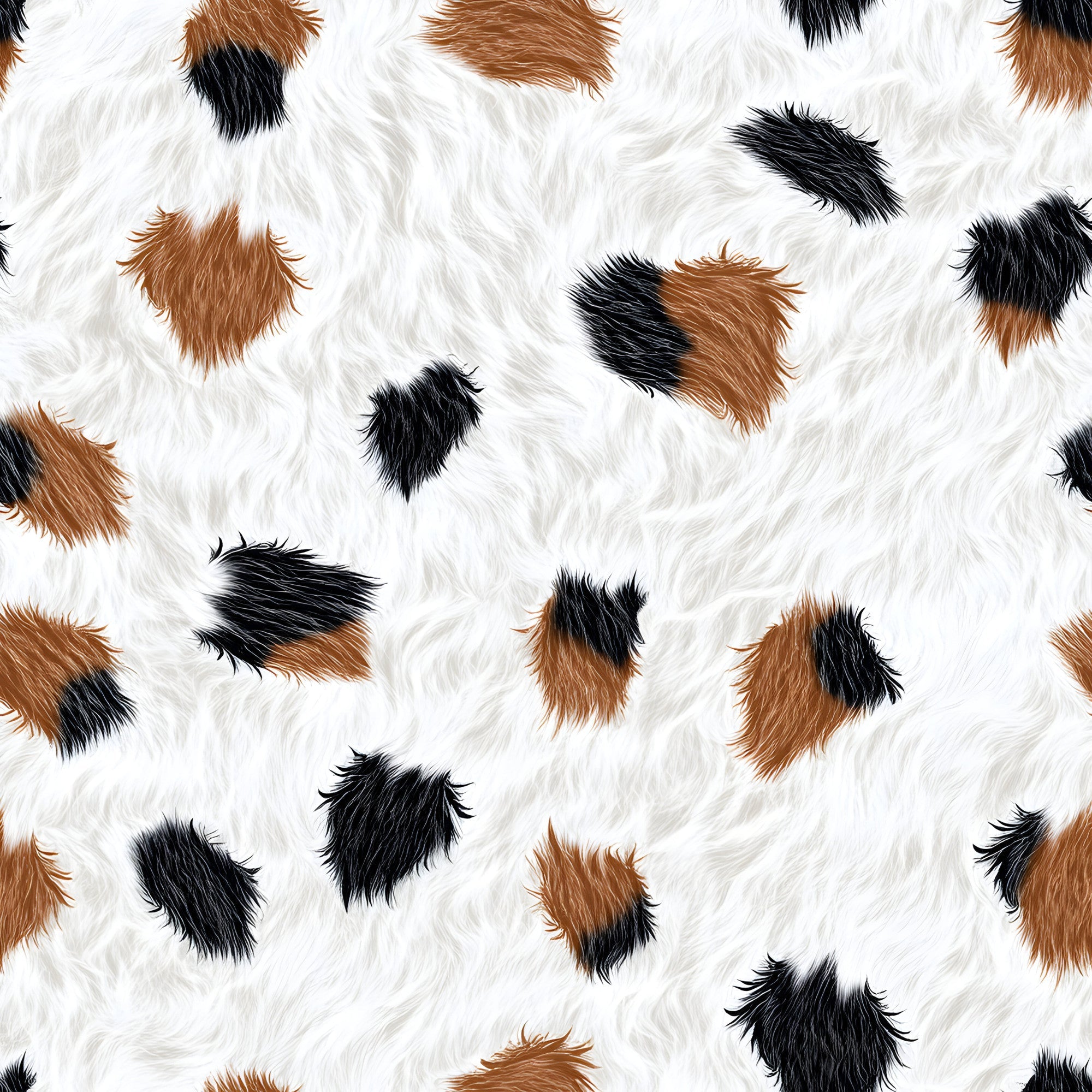 cow pattern, brown spots, black spots, white fur, animal print, cowhide texture, farm animal, livestock design,, fabric panel, rustic pattern, country theme, natural colors, irregular spots, fluffy texture, agricultural motif, ranch style, dairy cow, scattered patches, organic shapes