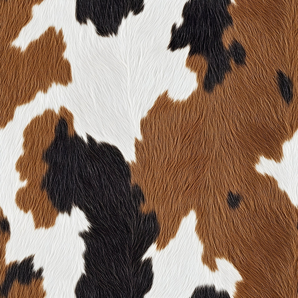 brown, white, black, cow print, cowhide pattern, animal print, spotted pattern, irregular patches, realistic texture, fur texture,, fabric panel, western theme, ranch style, farm animals, natural colors, organic shapes, rustic mood, countryside aesthetic