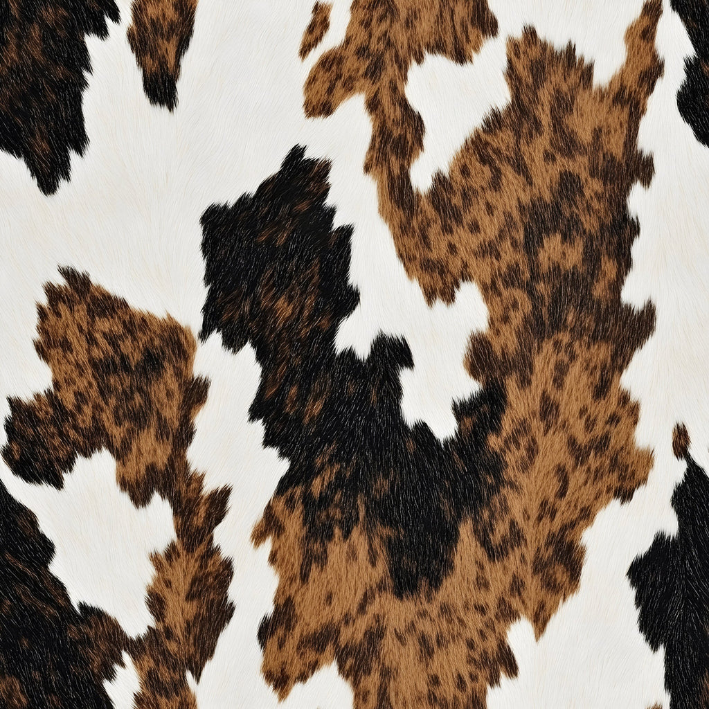 brown, white, black, cow hide pattern, animal print, cowhide spots, irregular patches, natural markings, farm animal, livestock pattern,, fabric panel, rustic style, country theme, western motif, bovine design, mottled texture, organic shapes, ranch aesthetic