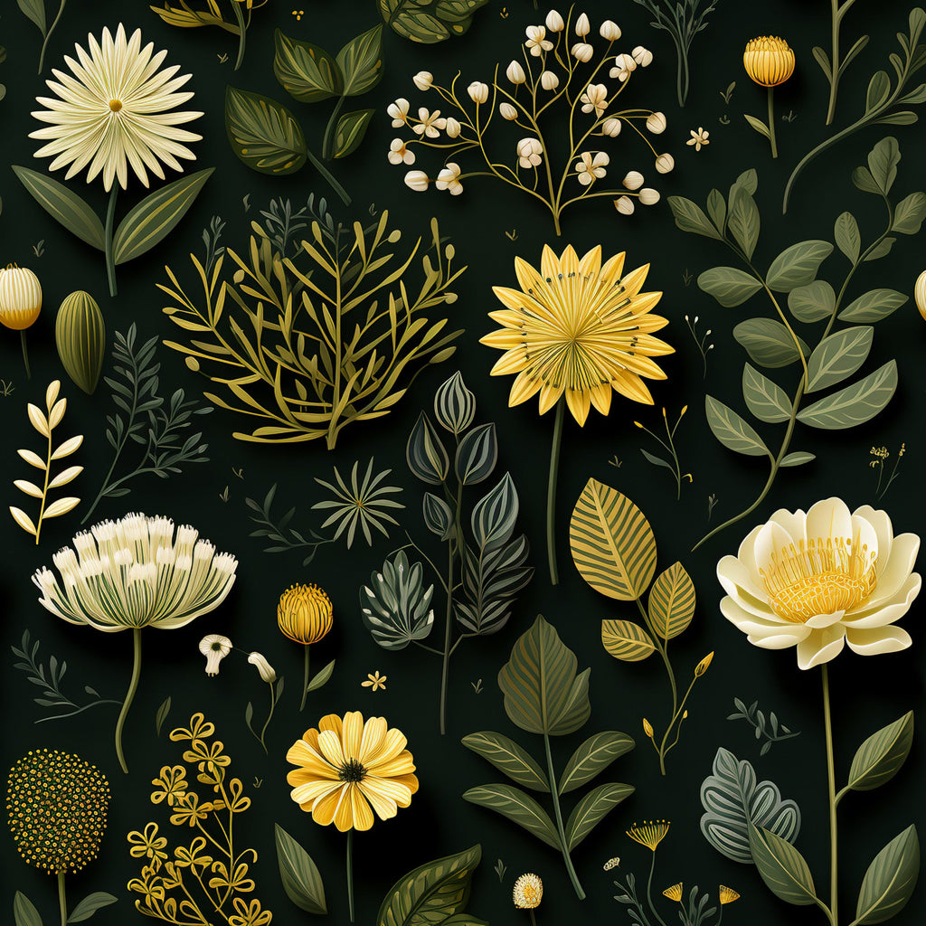 botanical print, floral pattern, dark green background, cream flowers, golden yellow blooms, sage green leaves, nature motif, wildflower design,, fabric panel, garden theme, delicate florals, vintage botanical, leaf sprigs, daisy flowers, berries, stems, organic shapes, earthy tones, natural elements