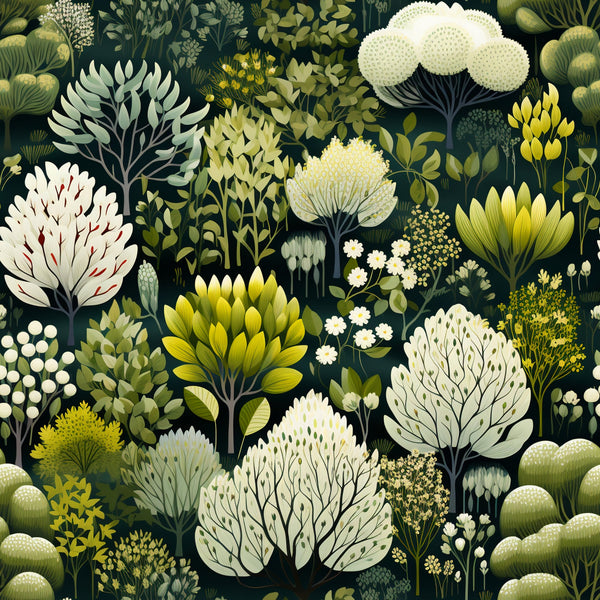 forest green, cream white, sage green, yellow gold, botanical illustration, floral motifs, leaves pattern, trees design, nature inspired, vintage style,, fabric panel, whimsical plants, garden theme, folk art, organic shapes, spring colors, crafting material, stylized flora, seamless pattern