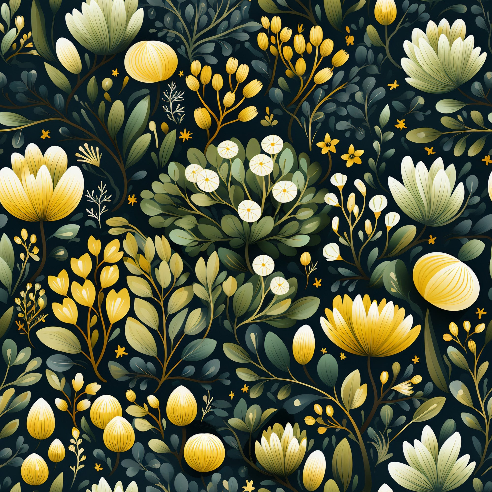 botanical garden, floral pattern, dark navy background, golden yellow flowers, white blooms, sage green leaves, cream petals, nature motif, seamless repeat,, fabric panel, botanical illustration, garden flowers, foliage design, decorative florals, textile design, crafting fabric, sewing material, organic shapes, artistic florals