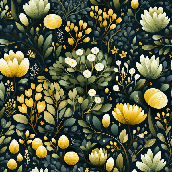 botanical garden, floral pattern, dark navy background, golden yellow flowers, white blooms, sage green leaves, cream petals, nature motif, seamless repeat,, fabric panel, botanical illustration, garden flowers, foliage design, decorative florals, textile design, crafting fabric, sewing material, organic shapes, artistic florals