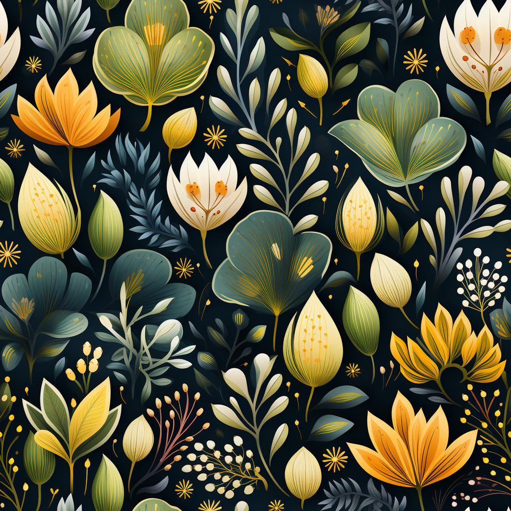 botanical flowers, teal background, orange blooms, cream petals, yellow accents, sage green leaves, floral pattern, nature motif,, fabric panel, stylized florals, decorative buds, botanical illustration, seamless design, crafting material, sewing fabric, garden theme, folk art style, modern floral, textile design