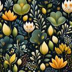 botanical flowers, teal background, orange blooms, cream petals, yellow accents, sage green leaves, floral pattern, nature motif,, fabric panel, stylized florals, decorative buds, botanical illustration, seamless design, crafting material, sewing fabric, garden theme, folk art style, modern floral, textile design