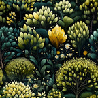 botanical pattern,, fabric panel, dark green, sage green, yellow gold, cream white, forest green, floral motifs, leaf clusters, small daisies, nature inspired, organic shapes, dense foliage, branching stems, seed pods, stylized plants, earthy tones, botanical illustration, garden elements
