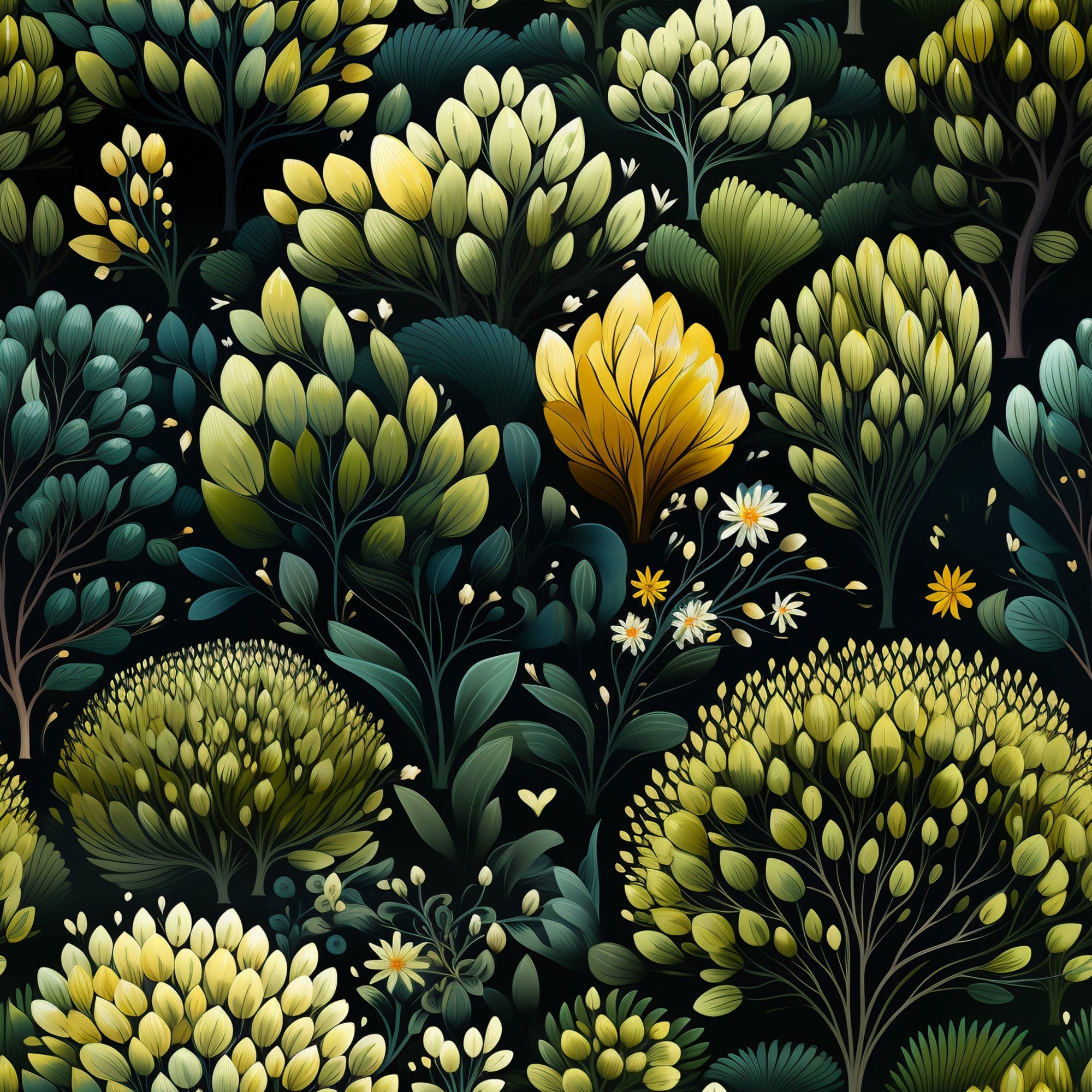 botanical pattern,, fabric panel, dark green, sage green, yellow gold, cream white, forest green, floral motifs, leaf clusters, small daisies, nature inspired, organic shapes, dense foliage, branching stems, seed pods, stylized plants, earthy tones, botanical illustration, garden elements