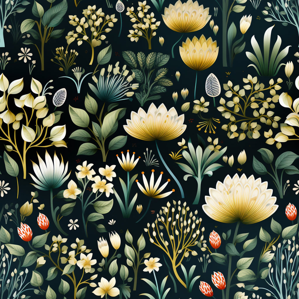 dark green background, cream flowers, golden yellow blooms, white petals, red berries, botanical illustration, floral pattern, leaves and foliage, nature motif,, fabric panel, garden flowers, vintage botanical, earthy tones, repeating pattern, decorative florals, natural elements, organic shapes, artistic rendering