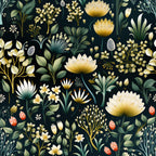dark green background, cream flowers, golden yellow blooms, white petals, red berries, botanical illustration, floral pattern, leaves and foliage, nature motif,, fabric panel, garden flowers, vintage botanical, earthy tones, repeating pattern, decorative florals, natural elements, organic shapes, artistic rendering