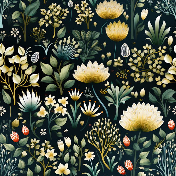 dark green background, cream flowers, golden yellow blooms, white petals, red berries, botanical illustration, floral pattern, leaves and foliage, nature motif,, fabric panel, garden flowers, vintage botanical, earthy tones, repeating pattern, decorative florals, natural elements, organic shapes, artistic rendering