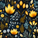 botanical pattern, floral design, golden yellow, deep navy, teal blue, orange accents, stylized flowers, decorative leaves, folk art style,, fabric panel, nature motifs, whimsical illustration, modern botanical, artistic florals, contemporary design, crafting fabric, sewing material