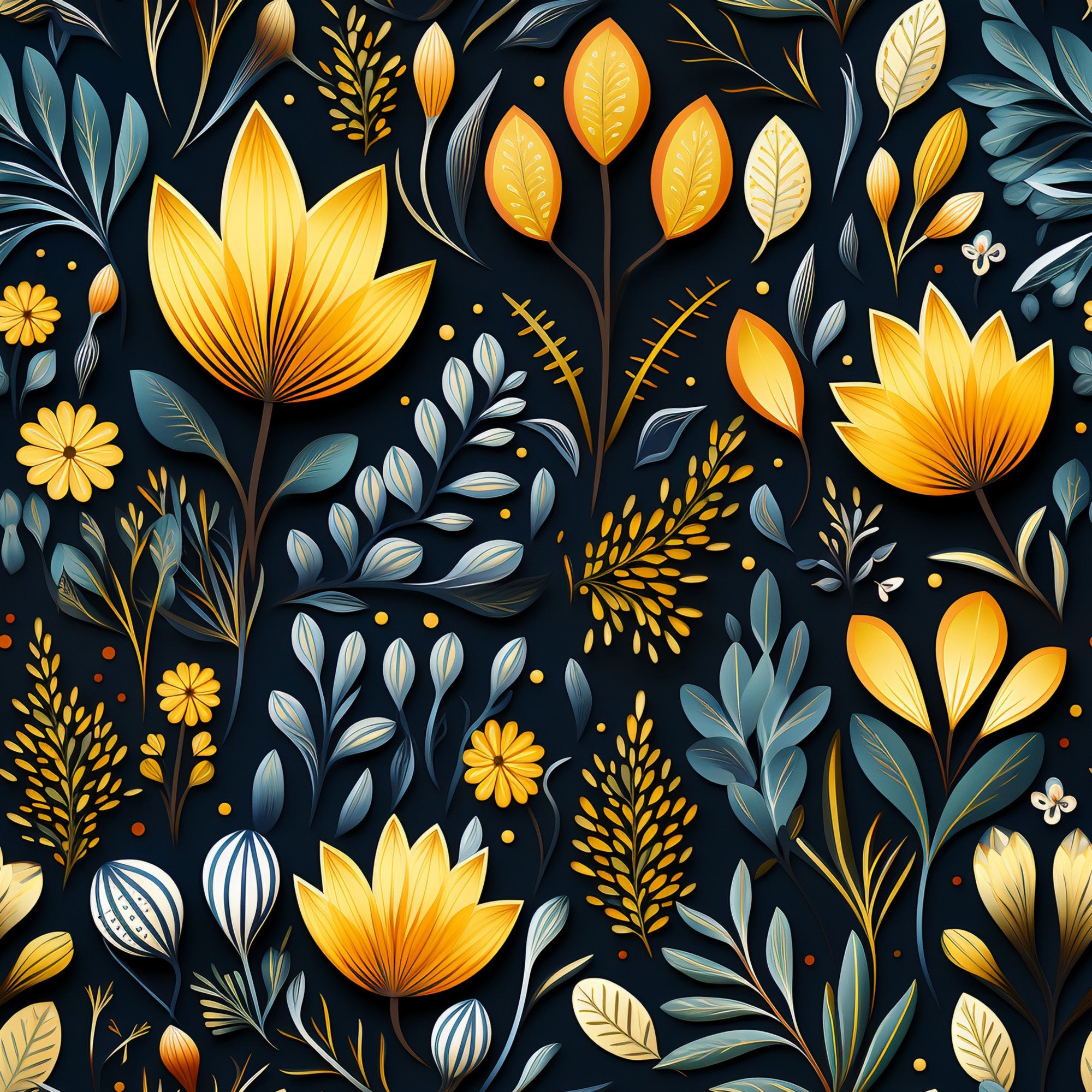 botanical pattern, floral design, golden yellow, deep navy, teal blue, orange accents, stylized flowers, decorative leaves, folk art style,, fabric panel, nature motifs, whimsical illustration, modern botanical, artistic florals, contemporary design, crafting fabric, sewing material
