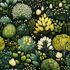 botanical garden,, fabric panel, dark green background, yellow flowers, white blooms, sage green, forest green, floral motifs, stylized trees, folk art style, nature pattern, leaves and stems, whimsical botanical, seamless repeat, crafting fabric, sewing material, garden theme, organic shapes, decorative florals