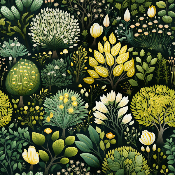 botanical garden,, fabric panel, dark green background, yellow flowers, white blooms, sage green, forest green, floral motifs, stylized trees, folk art style, nature pattern, leaves and stems, whimsical botanical, seamless repeat, crafting fabric, sewing material, garden theme, organic shapes, decorative florals