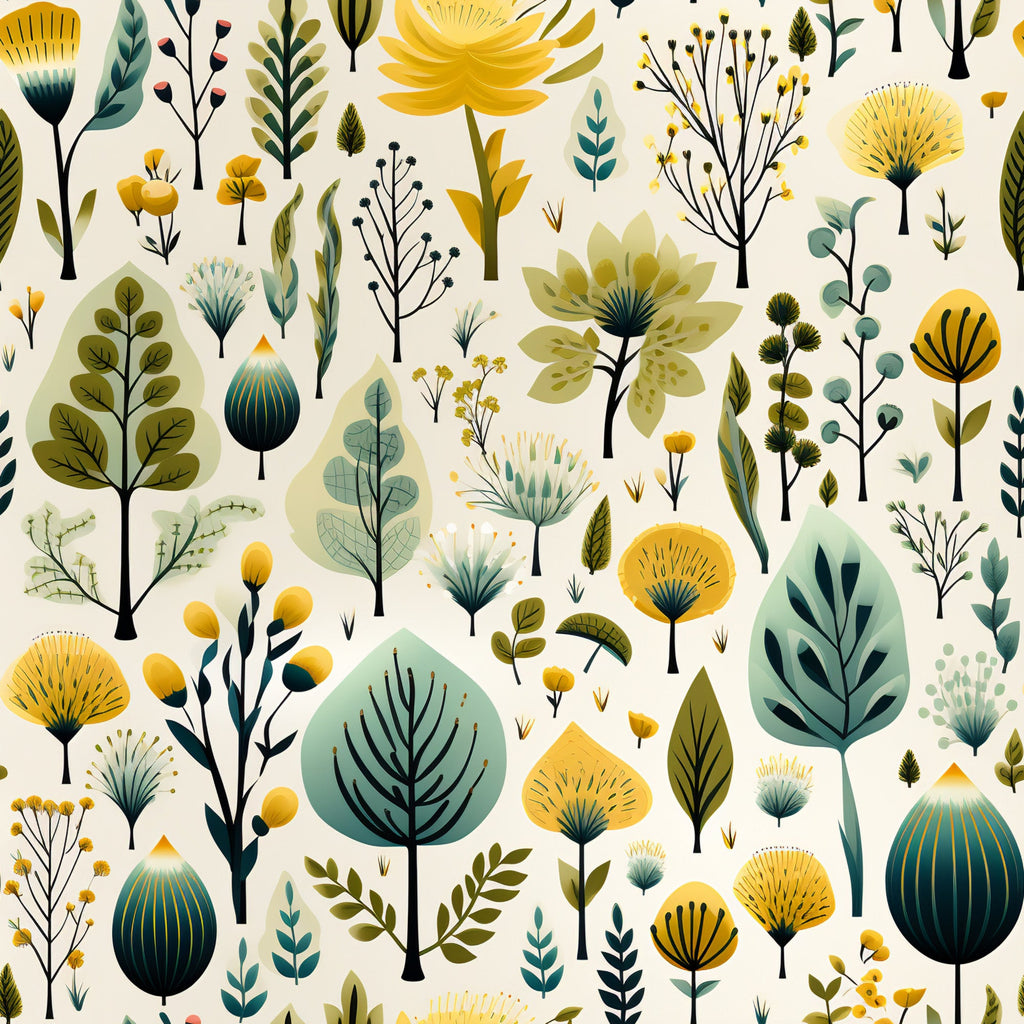 botanical garden,, fabric panel, yellow flowers, teal leaves, sage green, mustard yellow, floral pattern, nature motifs, stylized plants, modern botanical, seamless design, crafting fabric, sewing material, folk art style, whimsical flora, decorative branches, artistic flowers, contemporary design, organic shapes