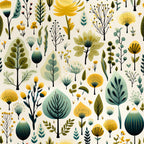 botanical garden,, fabric panel, yellow flowers, teal leaves, sage green, mustard yellow, floral pattern, nature motifs, stylized plants, modern botanical, seamless design, crafting fabric, sewing material, folk art style, whimsical flora, decorative branches, artistic flowers, contemporary design, organic shapes