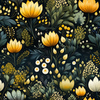 botanical garden,, fabric panel, floral pattern, golden yellow, deep navy, sage green, cream white, lotus flowers, wildflowers, foliage, leaves, nature motif, seamless repeat, artistic illustration, elegant design, garden theme, cotton fabric, crafting material, botanical print