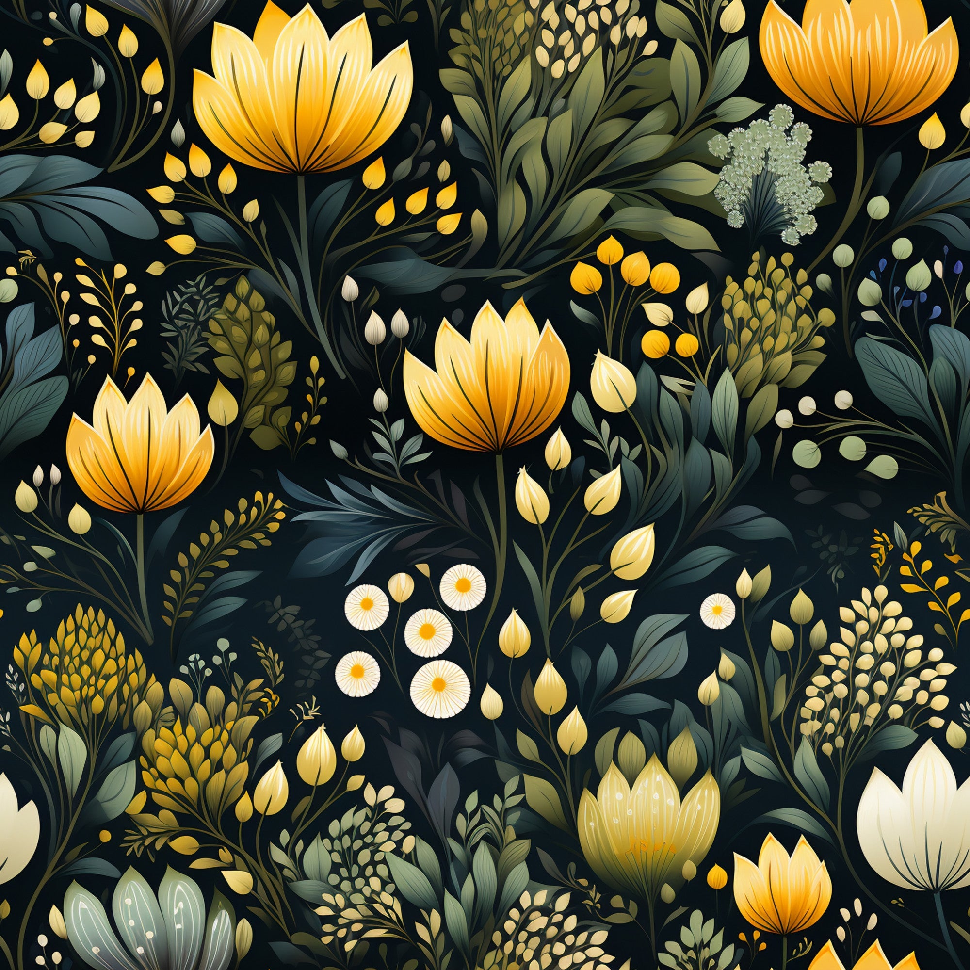 botanical garden,, fabric panel, floral pattern, golden yellow, deep navy, sage green, cream white, lotus flowers, wildflowers, foliage, leaves, nature motif, seamless repeat, artistic illustration, elegant design, garden theme, cotton fabric, crafting material, botanical print