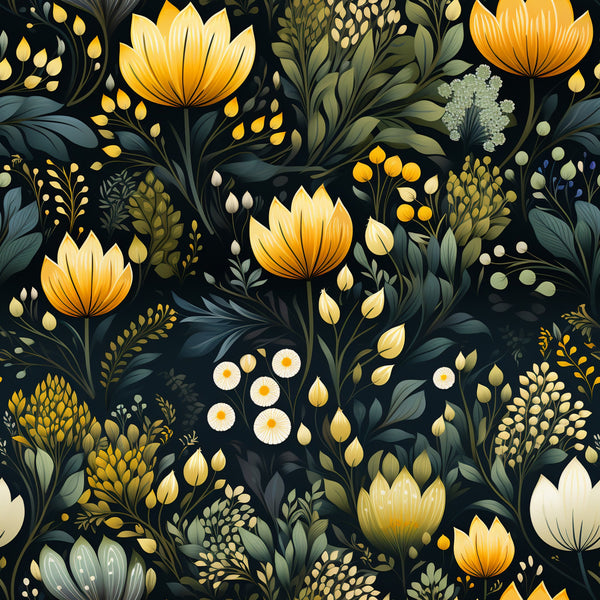 botanical garden,, fabric panel, floral pattern, golden yellow, deep navy, sage green, cream white, lotus flowers, wildflowers, foliage, leaves, nature motif, seamless repeat, artistic illustration, elegant design, garden theme, cotton fabric, crafting material, botanical print